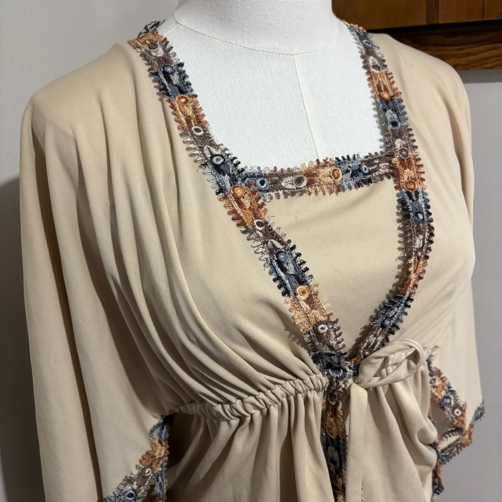 70s Union Made Beige Maxi Slip Dress Lace Detail Kaftan Style Cardigan Wrap Vtg - Picture 3 of 16